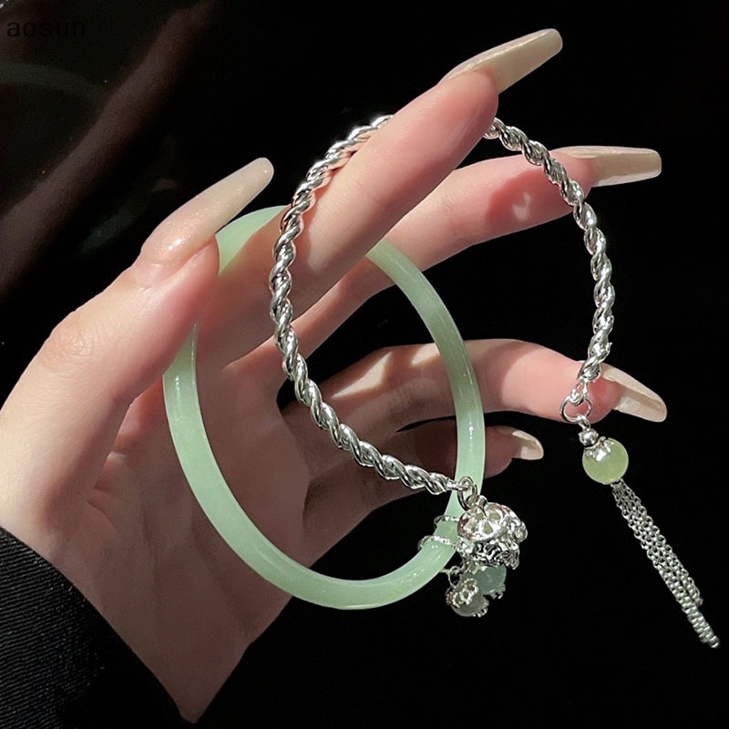 Aosun Vòng Tay Hở Hai Đầu Màu Xanh Lá Cây Phong Cách vintage Thời Trang Có Thể Điều Chỉnh Cho Nữ