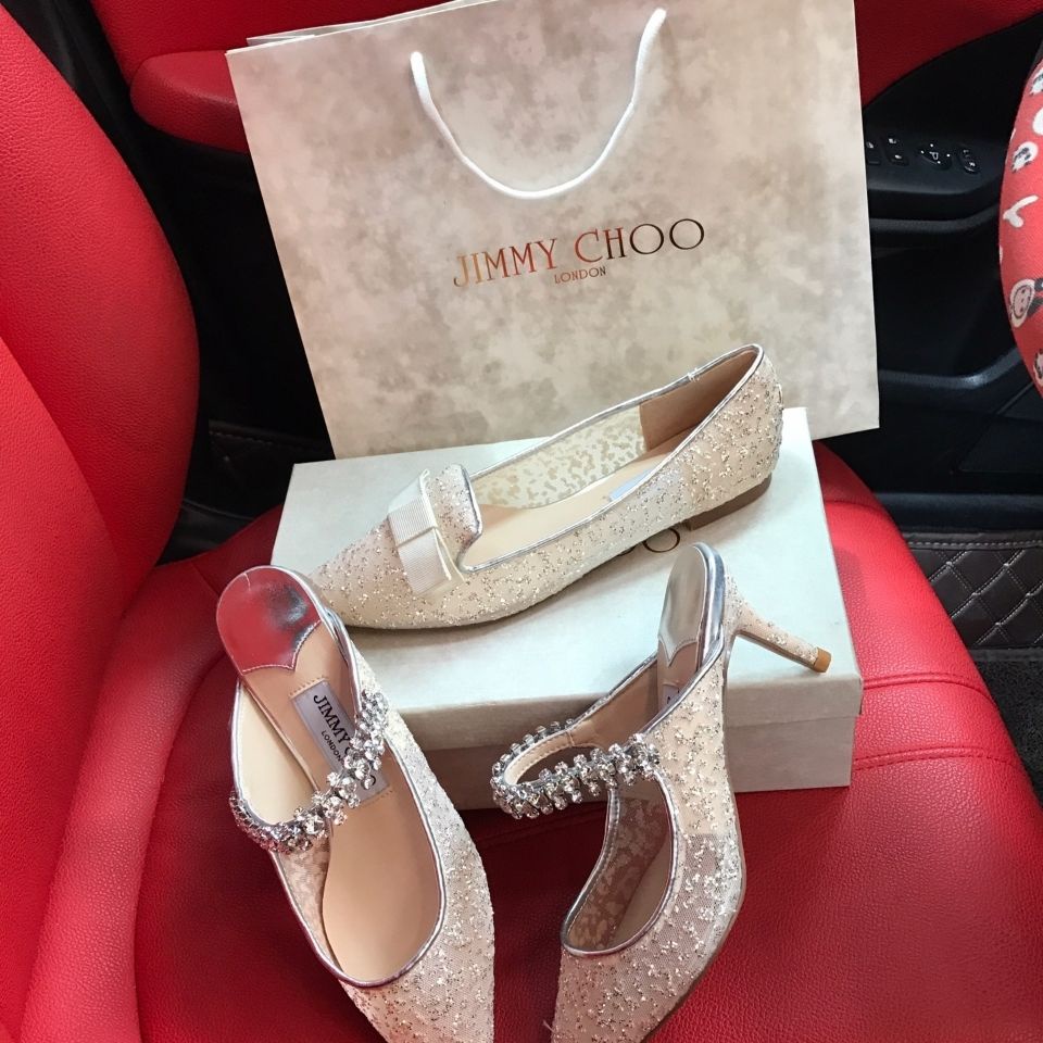 KP0H JIMMY CHOO 2021 spring and summer New pointed high-heeled shoes breathable mesh slippers fashion wedding shoes bowknot sequins single shoes for women
