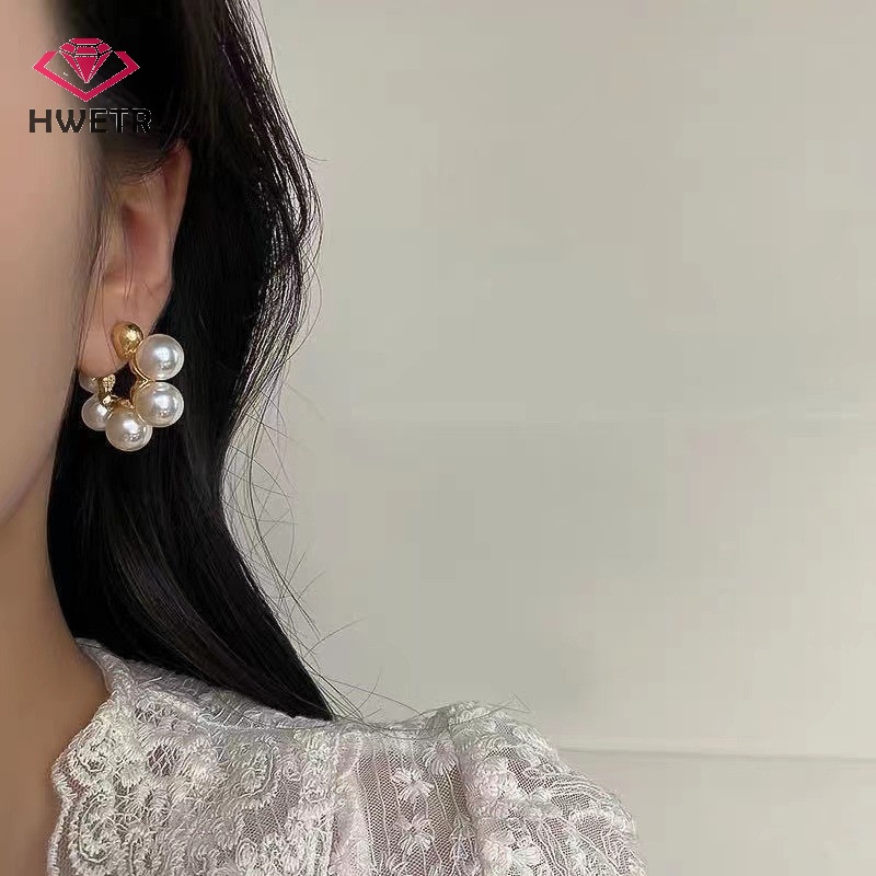Đôi bông tai HWETR hình hoa đính ngọc trai nhân tạo thời trang mới