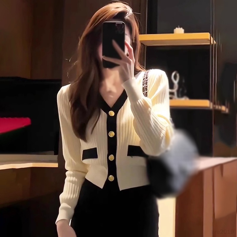 Áo Khoác cardigan Dệt Kim Cổ Chữ v Màu Sắc Tương Phản Thời Trang Thu Đông