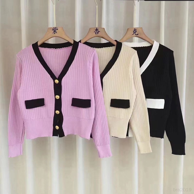 Áo Khoác cardigan Dệt Kim Cổ Chữ v Màu Sắc Tương Phản Thời Trang Thu Đông