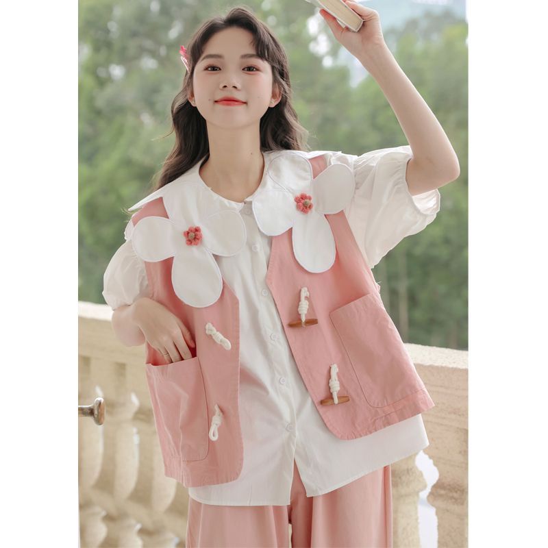 Set Áo Sơ Mi Trắng Và Áo Khoác Ghi Lê Họa Tiết Hoa Thời Trang Nhật Bản Mới Cho Nữ