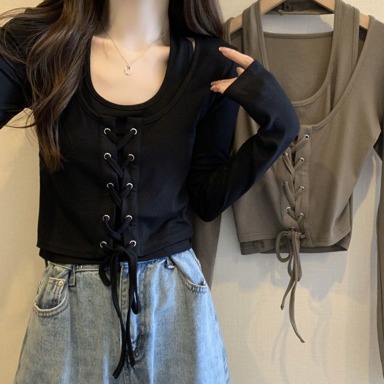 Áo Thun Tay Dài Hai Dây Cổ Yếm Phong Cách Mỹ Thời Trang Xuân Thu Mới Dành Cho Bạn Nữ Mặc Ngoài Trời