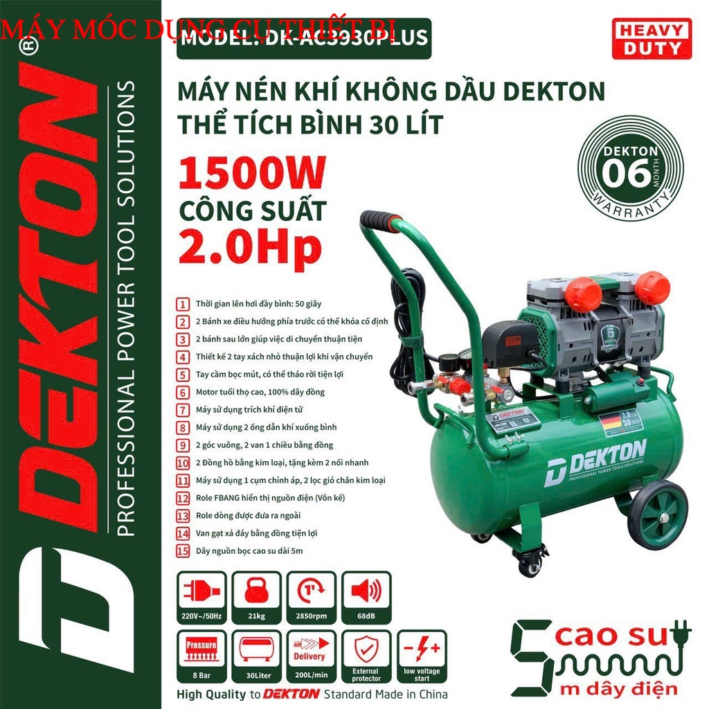 Máy Nén Khí Không Dầu Dekton DK-AC3930PLUS / 2HP/1500W/ Bình 30L - Lưu Lượng 200L/Phút máy móc dụng 