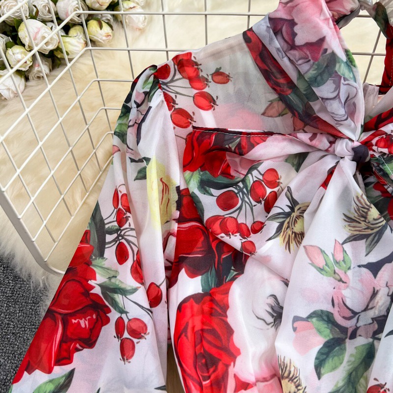 Đầm chiffon Chữ a Tay Dài Cổ Thắt Nơ Eo Cao In Họa Tiết vintage Thanh Lịch Thời Trang Xuân Hè Dành Cho Bạn Nữ