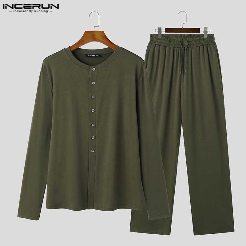 INCERUN Set Áo Sơ Mi Dài Tay Và Quần Dài Lưng Thun Phong Cách Hàn Quốc Cho Nam