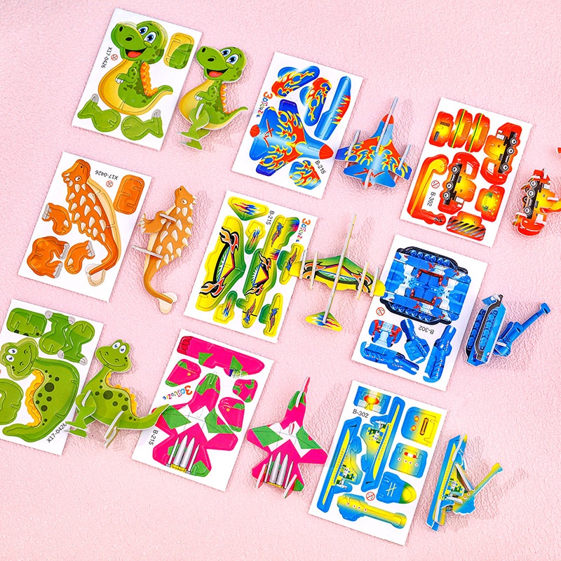Set 10 Mô Hình Đồ Chơi Máy Bay / Xe Hơi / Khủng Long Hoạt Hình 3d Bằng Giấy Cứng Dành Cho Trẻ Em