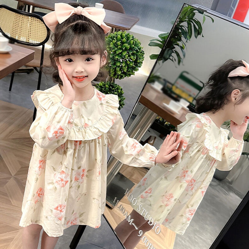 Đầm Công Chúa Tay Dài Cổ Tròn In Họa Tiết Hoa Nhí Xinh Xắn Thời Trang Mùa Thu Phong Cách Hàn Quốc Cho Bé Gái