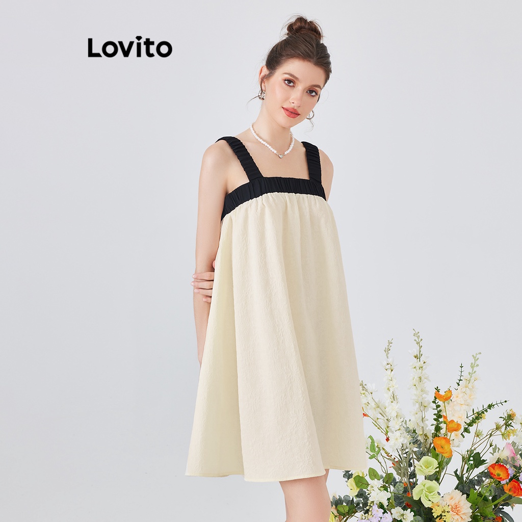 Đầm Lovito phong cách dễ thương màu trơn phối viền tương phản xếp nếp dành cho nữ L54ED105