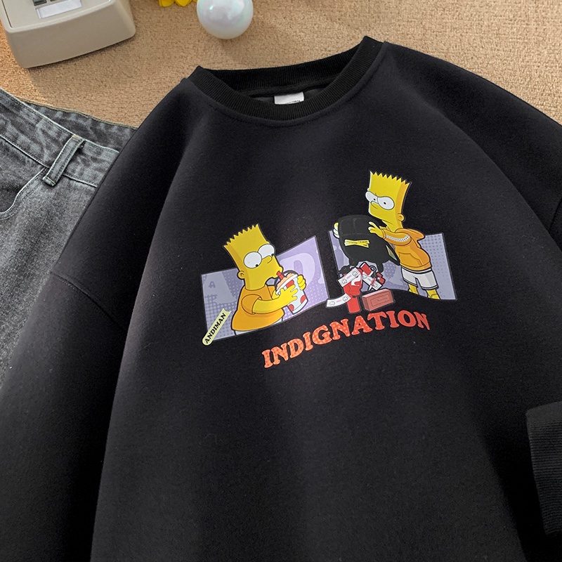 Áo sweater Nhung Dày Cổ Tròn In Hình simpson Hoạt Hình Phong Cách hip hop Mỹ Cho Nam Nữ