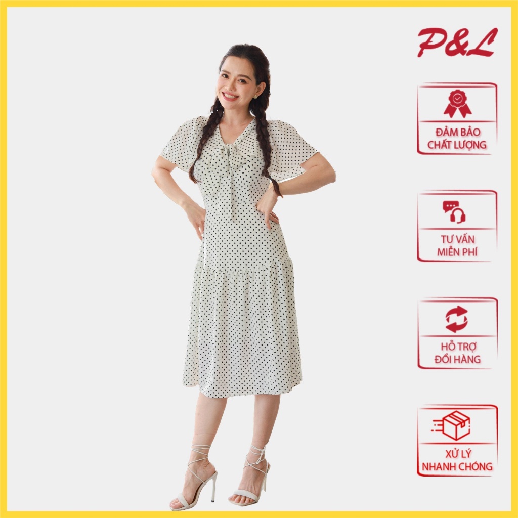 Váy Xòe Maxi Công Sở Đi Biển Nơ Ngực Chấm Bi Nhỏ PL39