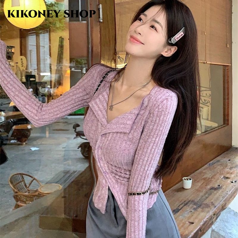 KIKONEY SHOP Áo Len áo khoác cardigan Vintage Phong cách Cổ điển INS WMY2390RL9 38Z230919