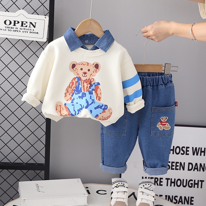 Set Đồ Thể Thao 2 Món Gồm Áo Thun cotton In Hình Gấu + Quần Jean Thời Trang Cho Bé