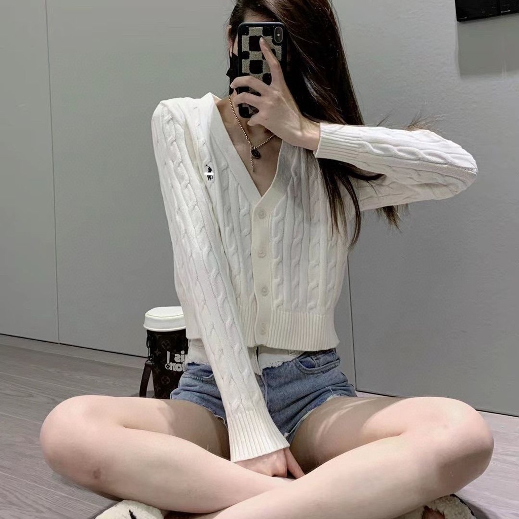 LP0J RalphLauren biao small waist short knitwear cardigan women's spring and autumn all-match twisted knitted sweater coat