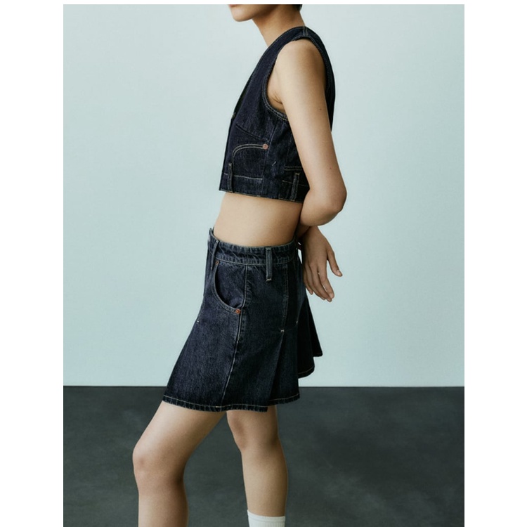 Zara Bộ Áo Khoác Sát Nách Cổ Chữ v + Chân Váy denim Xếp Ly Thời Trang Thu Đông 233216212 3216270