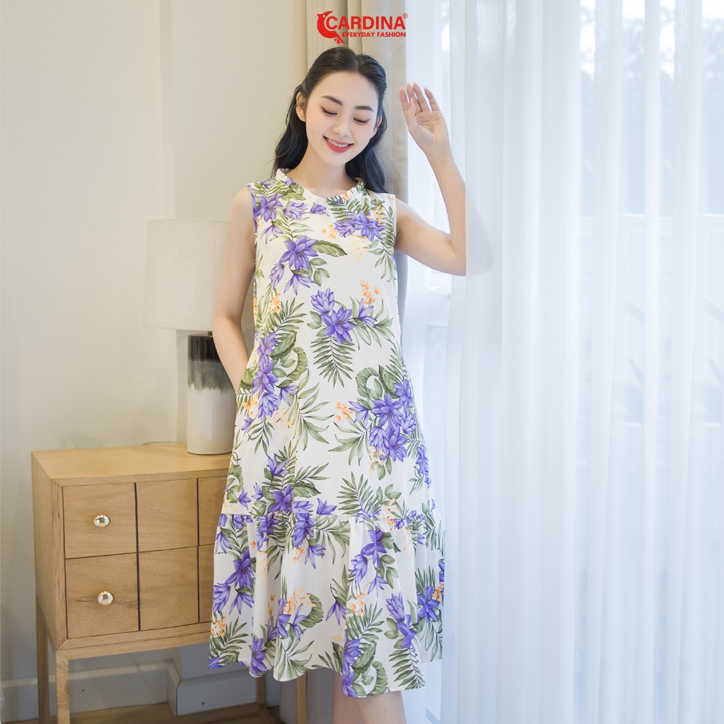Đầm Nữ 𝐂𝐀𝐑𝐃𝐈𝐍𝐀 Sát Nách Chất Lụa Mango Cao Cấp Kiểu Dáng Suông Cổ Bèo Họa Tiết Trẻ Trung 3VM02