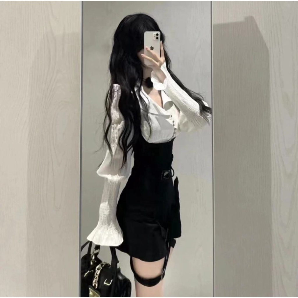 Áo Sơ Mi Đen + Áo Sơ Mi Tay Dài Ôm Dáng Phong Cách Đường Phố Thời Trang Mùa Thu Cho Nữ xv
