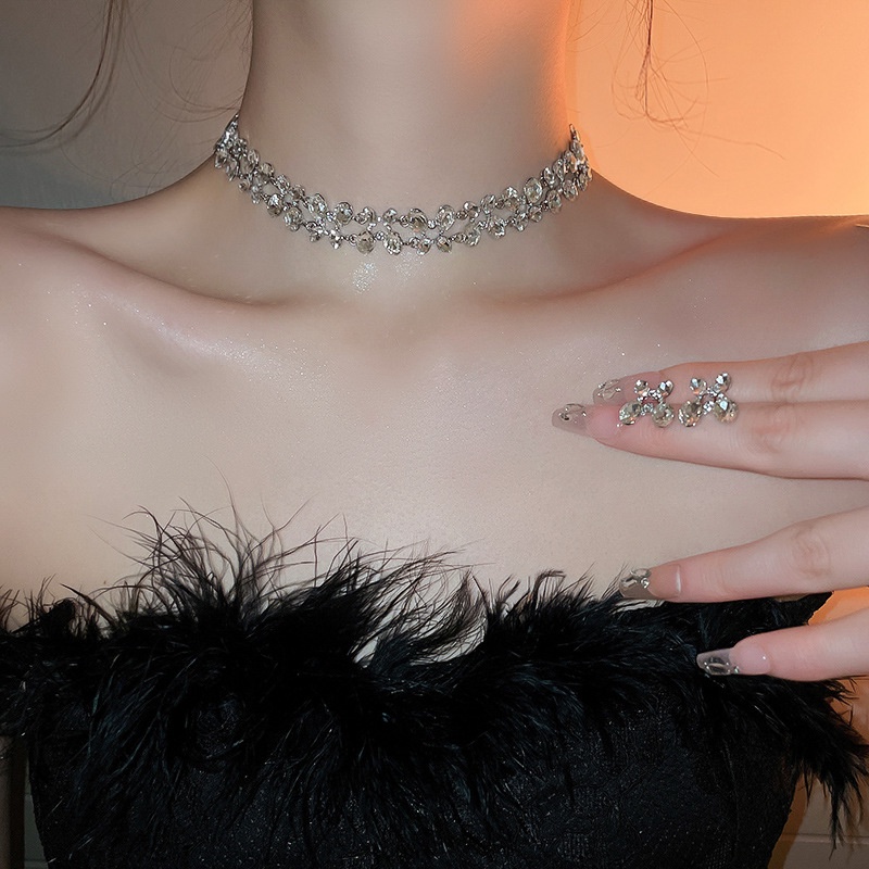 Chic Bộ Trang Sức Vòng cổ Vòng Tay Bông Tai Vòng Tay Hình oval Hai Lớp Đính Kim Cương Lấp Lánh