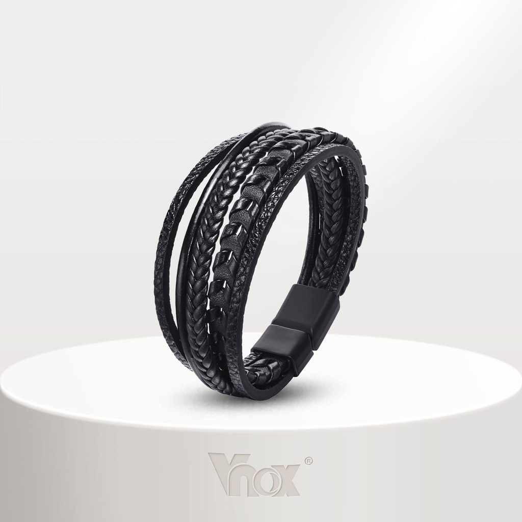 Vnox Vòng Tay Da Nhiều Lớp Màu Đen Thời Trang Cho Nam
