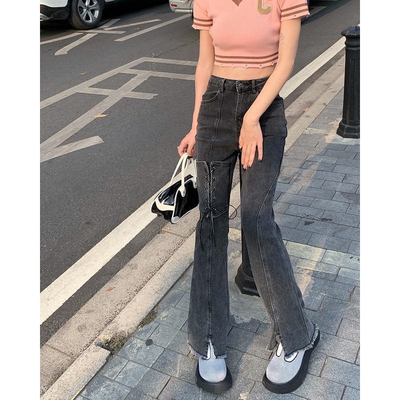 Quần Jean Ống Loe Lưng Cao Xẻ Tà Màu Đen Xám mav5 Thời Trang 2023 Cho Nữ