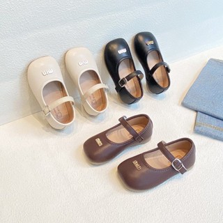 Giày búp bê da PU mũi vuông cho bé gái - Giày đế bệt có quai ngang đính chữ min phong cách công chúa đế mềm êm chânBB789