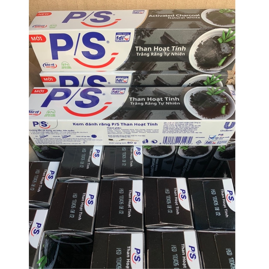Combo 3 cây kem đánh răng P/S than hoạt tính thiên nhiên 80g/tuýp