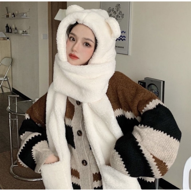 PVN22735 Mũ Lông liền Khăn Tai Gấu Có Chỗ Xỏ Tay T888