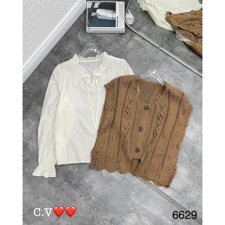 Set áo gile len nâu vintage kèm áo sơ mi bèo hàng QC L1