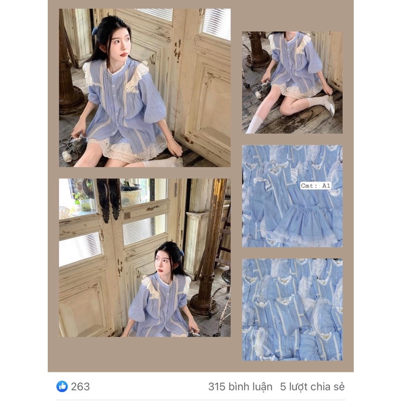 SET KẺ XANH VIỀN BÈO REN KÈM CHÂN VÁY lương su shop