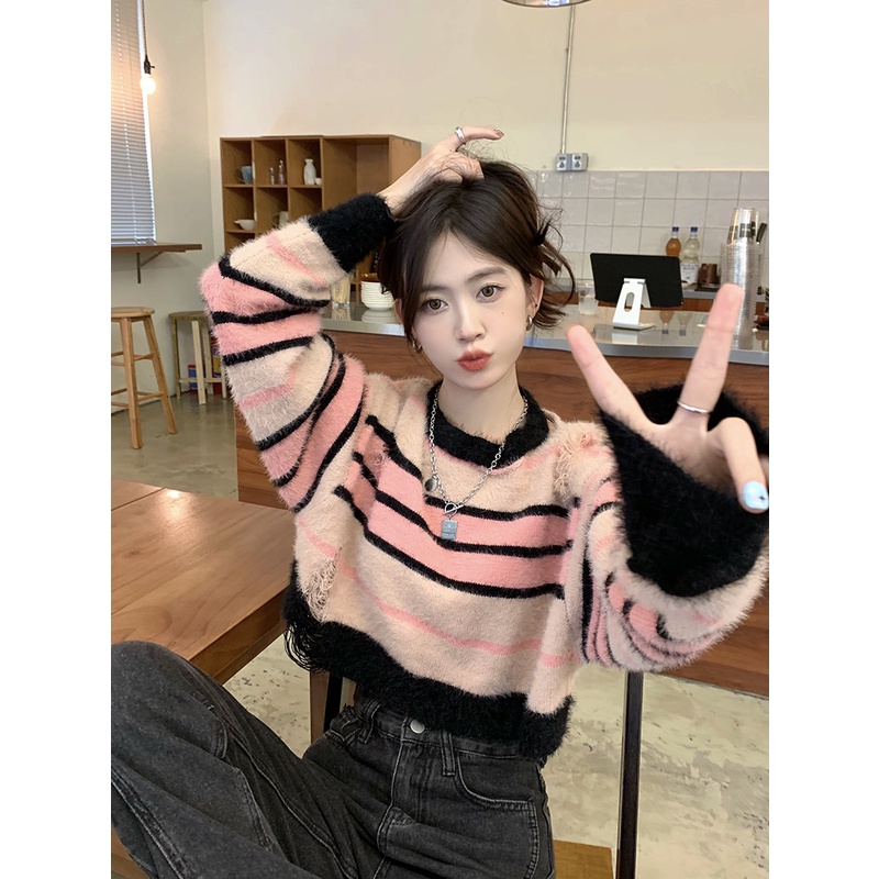 Áo Dệt Kim Tay Dài Dáng Rộng Họa Tiết Kẻ Sọc Phong Cách retro Thời Trang Mùa Thu Cho Nữ