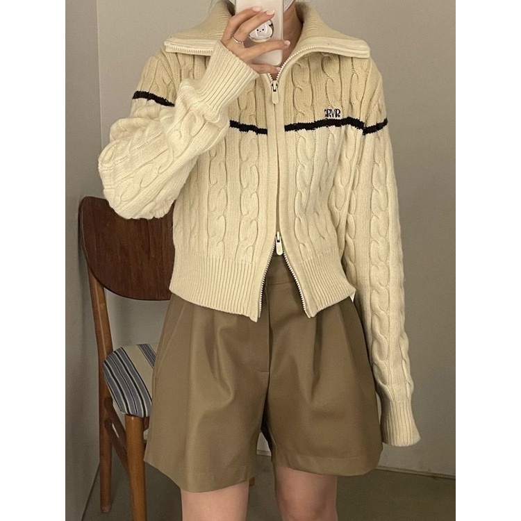 Áo sweater Dệt Kim Cổ Cao Xoắn Đôi Khóa Kéo Màu Tương Phản Ấm Áp Mùa Thu Đông Cho Nữ