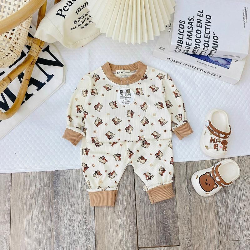 Bộ quần áo thun tăm dài tay mềm thu đông họa tiết in kín cho bé trai, bé gái size 6-16kg