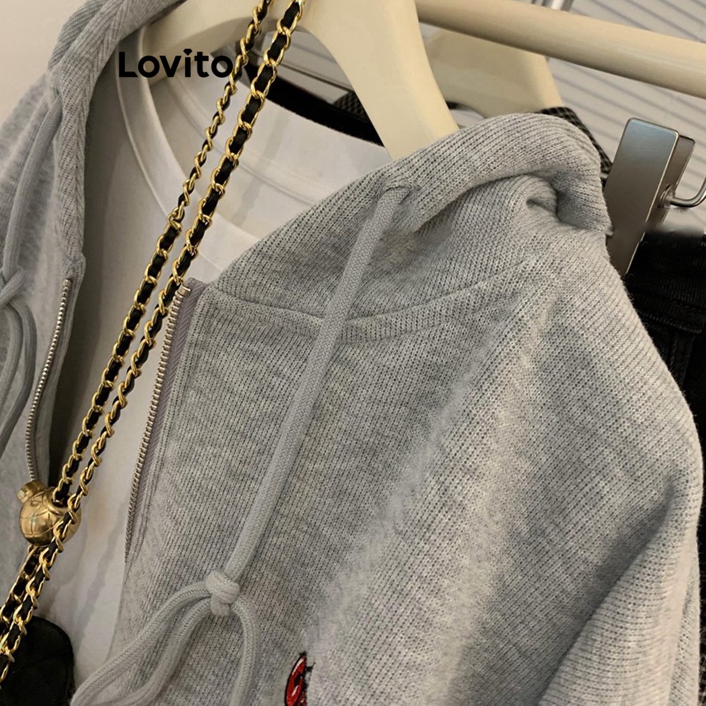 Lovito Áo khoác dây kéo thêu trơn thông thường cho nữ LNE30228