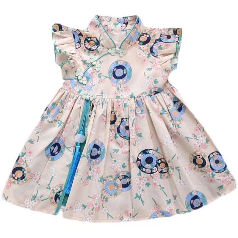 Đầm Sườn Xám In Hoa Tay Cánh Tiên Xinh Xắn Dành Cho Bé Gái