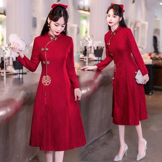 Đầm Sườn Xám Tay Dài Màu Đỏ Phong Cách Trung Hoa Mới Cho Cô Dâu