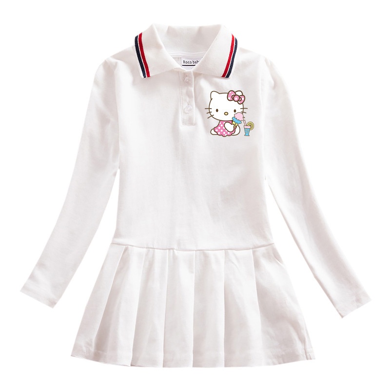 Hello kitty Đầm cotton Cổ polo Tay Dài In Họa Tiết Hoạt Hình Cho Bé Gái