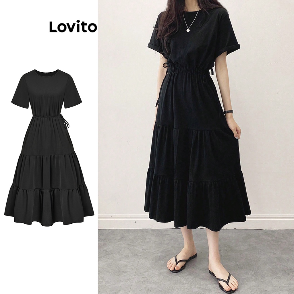 Lovito Đầm tầng có dây rút trơn đơn giản dành cho nữ L68ED143 (Đen)