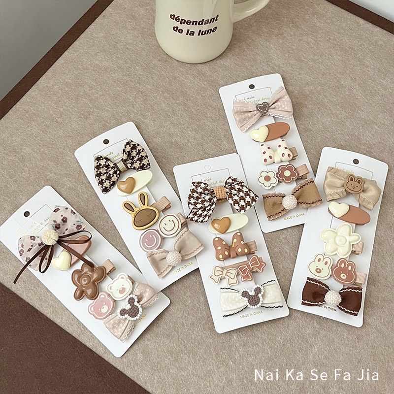 Set 5 Kẹp Tóc Nơ Màu Cà Phê Dễ Thương Dành Cho Bé Gái 2676