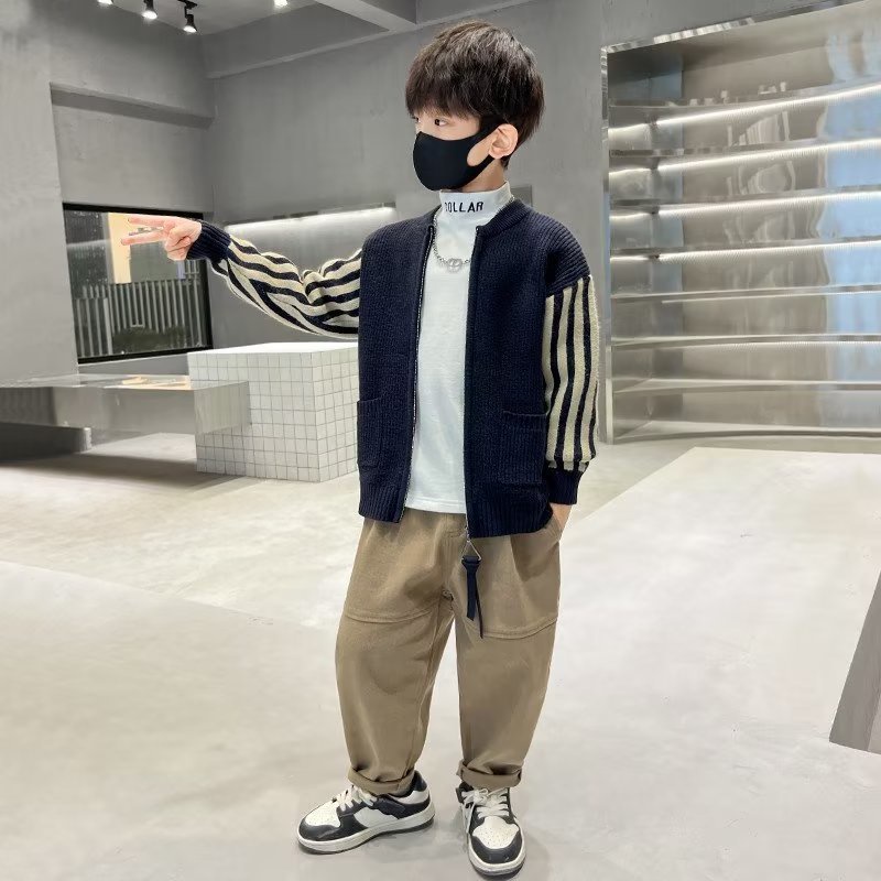 SUPER KIDS quần áo trẻ em Áo Khoác cardigan Dệt Kim Phối Khóa Kéo Thời Trang Cho Bé Trai đồ bé trai