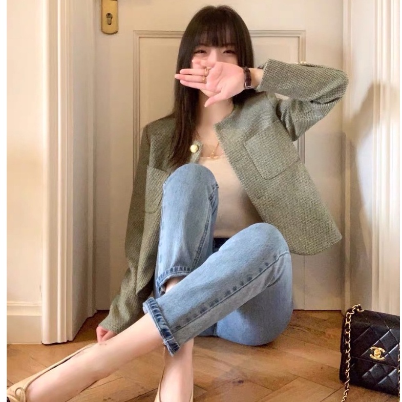 Áo khoác dạ tweed nữ dệt kim cổ tròn cúc kim loại thời trang công sở cho nữ Ma134 Pinkee