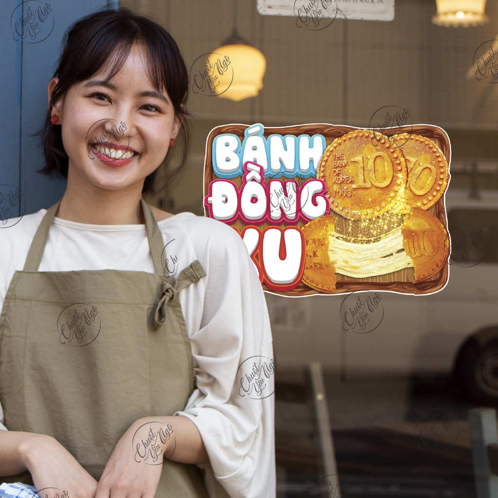 Miếng dán bánh ĐỒNG TIỀN XU phô mai sticker trang trí xe đẩy dán tường decal trang trí quán ăn vặt hotdog