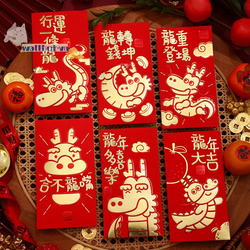 Set 6 Bao Lì Xì Hình Rồng Đỏ May Mắn Cho Năm Mới 2024
