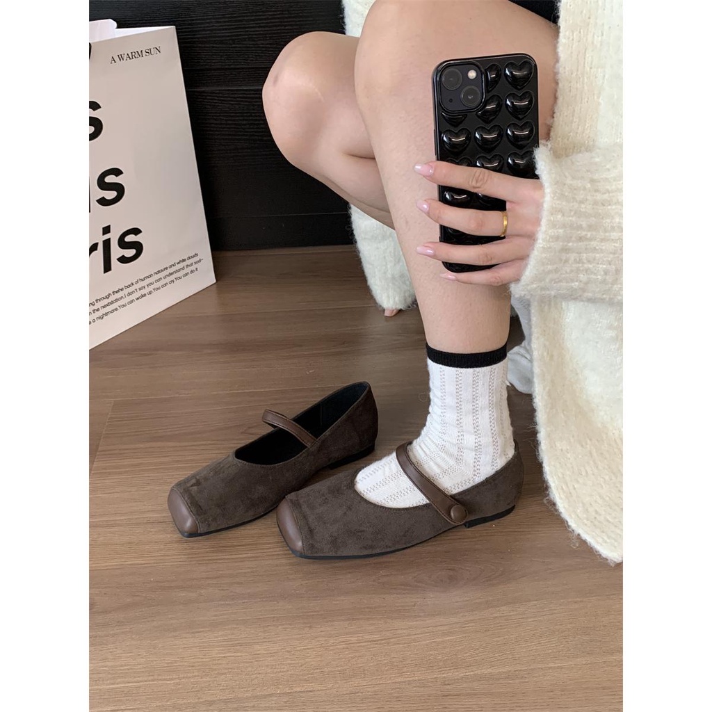 Giày Búp Bê mary jane Da Lộn Mũi Vuông Thời Trang Thu Đông 2023 Phong Cách Pháp Cho Nữ