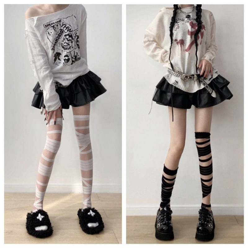 Japanese Lolita Black and White Bandage Stockings for Girls' New JK Uniform Cross Tie Long Tube Knee Length Stockings