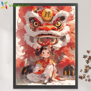 Tranh thêu chữ thập hình sư tử / cô gái / sư tử kích thước 50x63cm 11ct
