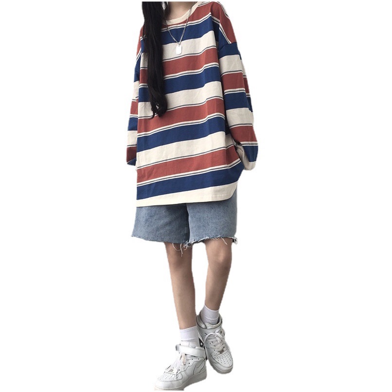 Áo Phông Hot Áo Thun Dáng Rộng Tay Dài Kẻ Sọc Cầu Vồng Thời Trang Mùa Thu Cho Nữ