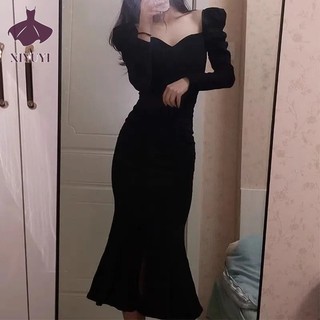 Xiyuyi Đầm Đuôi Cá Màu Đen Ôm Dáng Phong Cách Pháp Thời Trang Cao Cấp Cho Nữ