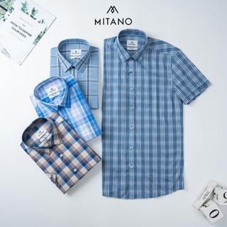 Áo sơ mi nam ngắn tay kẻ caro Mitano slimfit, không túi vải sợi tre.
