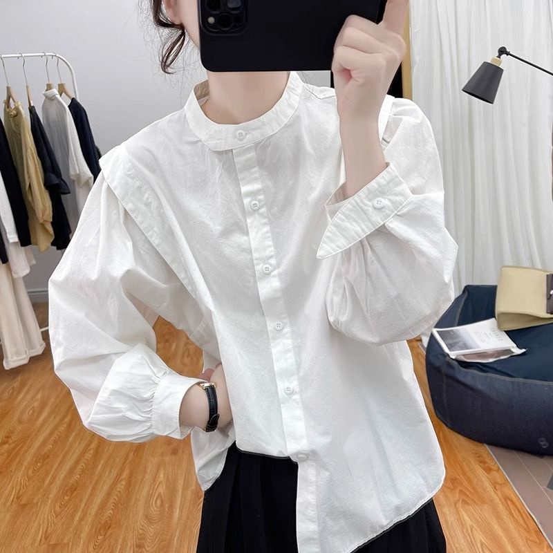 Áo Sơ Mi cotton Cổ Đứng Tay Dài Phồng Dáng Rộng Thời Trang Mùa Thu Hàn Quốc 2023 Dành Cho Bạn Nữ