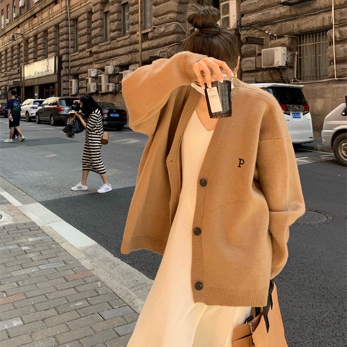 Áo Khoác cardigan Dệt Kim Tay Dài Dáng Rộng Thêu Chữ Thời Trang Thu Đông Phong Cách Mới
